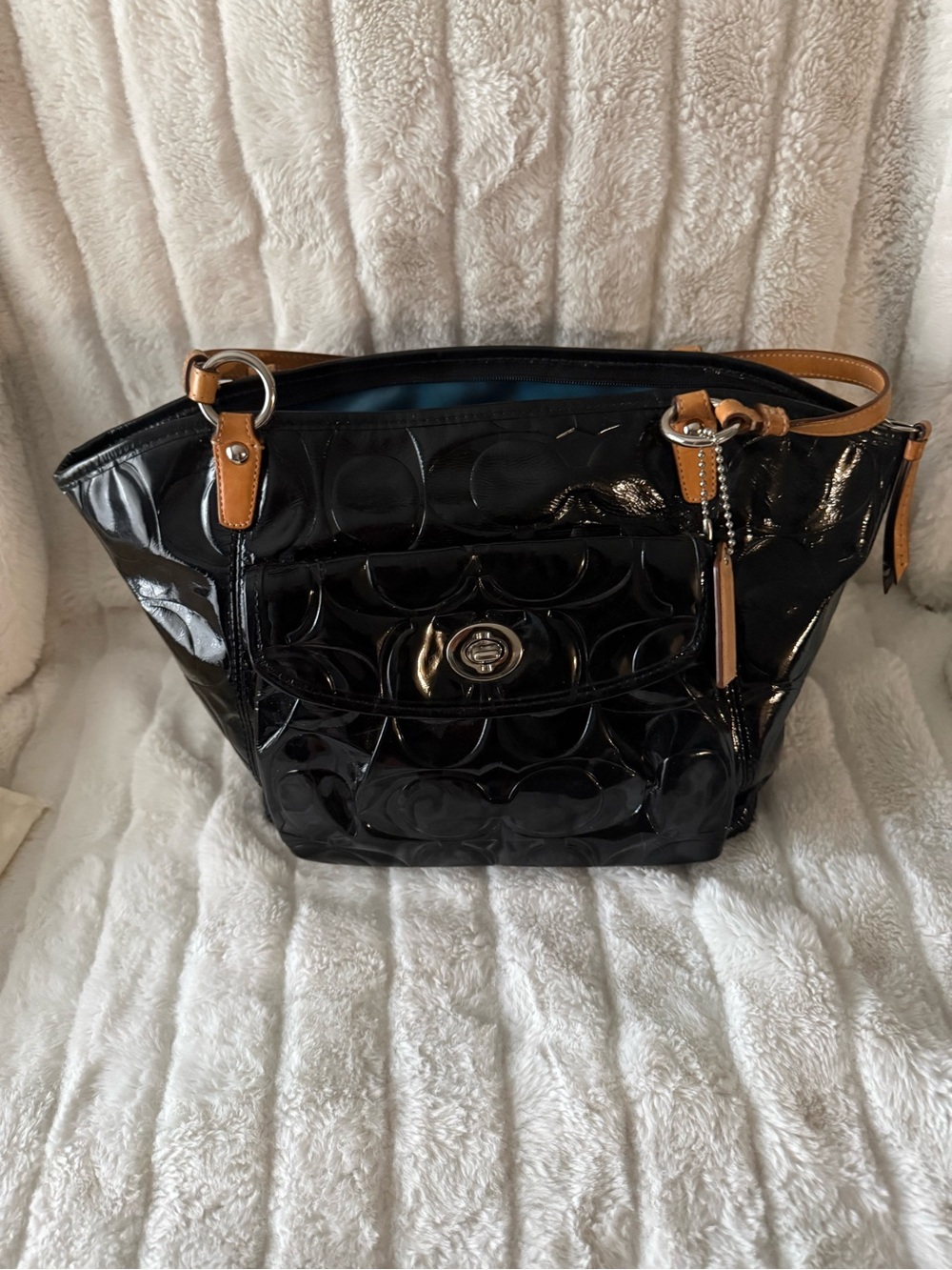 Coach Black Patent Leather Tote with Tan Trim
